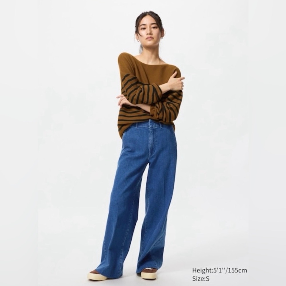 Uniqlo Drapey Denim Pleated Trousers Wide Leg Blue Small